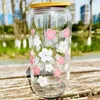 Tumblers Pink And White Flowers16oz Clear Drinking Glass With Bamboo Lid Straw Drink Juice Can Bottle Summer Drinks Cup H240425