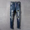 Jeans pour hommes de la rue Street Men Retro Bleu foncé stretch skinny ajustement en cuir déchiré Pantalon de marque hip hop en cuir rapié