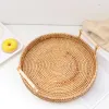 Baskets Rattan Handwoven Round Serving Tray Food Storage Plate With Wooden Handles Wicker Basket Wooden Tray For Fruit Breadbasket