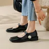 Casual Shoes 2024 Spring/Autumn Women Square Toe Chunky Heel Mary Janes Split Leather Pumps Concise Button High Heels Black