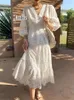 Party Dresses Jastie 2024 Spring and Summer Women's Dress V-hals Half Sleeve Beach Luxury Design broderad franska vita midi