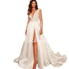 Eleganckie sukienki ślubne Boho szczelinę 2024 Seksowne V szyi Backless Celtic Hipipies Bohemian Bridal Sukienki Długie rękawie cywilne gatsby Destination Bride 3D Florals Mariage