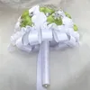 Fiori del matrimonio Janevini Vintage Satin Rose Bridal Bouquet Crystal White Green White Bilded con nastro
