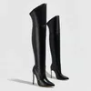 Boots 2024 em estoque para o DropShip Women's Black Poened Toe Stiletto Salto alto sobre os joelhos Sexy Modern Lady Party Shoes