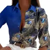 Dames blouses dames lente herfst shirt tops chic veerprint single breasted edelsteen verfraaid voor