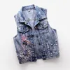 2024 Våren Nya koreanska mode denim Vest Women Pärled Flower Kort ärmlös Vest Applique Waistcoat Chaquetas de Mujer