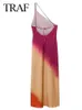 基本的なカジュアルドレスTRAF 2023夏の女性グラジエントレッドと紫色の長いドレスレースビーチファッションのための後ろのノースリーブミディドレスエレガント2404