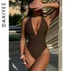 Kvinnors badkläder Sexig Deep V Neck Women One Piece Swimsuit Backless Puch Up Solid Halter Bandage Ruched Female Bathing Suit Mujer