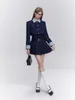 Werk jurken Franse stijl jurk set met pak kraag geavanceerd gevoel donkerblauw preppy chic tweedelig urbane vrouw kleding