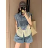 Mode voor dames 2024 Zomer Nieuwe Europese stijl Silk Denim Patchwork Top Wide Leg Shorts Tweedelige set