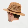 Designer Fe Hat Wide Brim Man Beach Straw Exquisite Weave Mesh Hollow Out Bortable Summer Leisure 240403