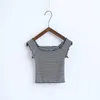 Women's T Shirts Retro Wooden Ear Striped Thread Off-Shoulder Collar Slim Looking High Waist Short Crop Top Sleeve T-shirt