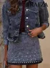 Trafza sonbahar dişi şık takım elbise yıkanmış perçinler denim etek seti uzun kollular Yatak ceketi yüksek bel mini etek 240411