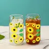 Tumblers 1 Piece Green Leaf Sunflower With Bamboo Lid Glass Straw Ice Cream Drink Bottle Suitable For Hot And Cold Drinks In Summer H240425