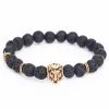 Strähnen Modemänner Löwe Kopf Buddha Perlen Armband Schwarze Lava Steinperlen Charme Armbänder Armreifen für Männer Accessoires Geschenk