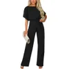 Kvinnors jumpsuits Rompers Womens Solid Color Straight Ben Jumpsuit Fashionable Short Sleeved Round Neck Dating Jumpsuit Y240425