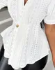 Women's T Shirts Tops Women 2024 Spring Buttoned Eyelet Embroidery Short Sleeve Top Sexy Elegant Commuting Turn-Down Collar Slim Fit Daily