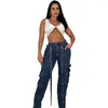 Jeans pour femmes 10 cargo à jambes larges Femmes 2024 Bandage POCHETS FULLE LONGNE