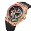 Onola mode nieuwe regenboog diamant volledig automatisch mechanisch horloge heren siliconen tape waterdicht horloge