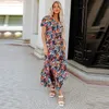 Robe longue imprimé floral de style ethnique pour femmes Summer Pullover Deep V Neck Split