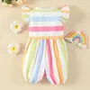 Rompers 2022 Ubrania dla dzieci noworodka Summer Baby Girl Strój Kolny tęczowy paski Latający rękaw Baby Rompers Cool Baby Jeskuts 0-18m D240425