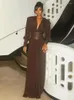 Runway Dresses 2024 Women Sexy V Neck Brown Long Sleeve Dress with Sashes Evening Party Birthday Club Celebrity Prom Gown Vestido