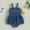 Rompers Pudcoco Infant Baby Girls Denim Romper Solid Color Bowknot Ruched ärmlösa Sling Bodysuits Summer Nyfödda Baby Playusits ​​0-18M D240425