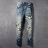 Jeans masculino Moda de streetwear Men retro azul treto magro skinny raspou Paisley Patched Designer Hip Hop Brand calças HOMBRE