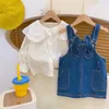 Kleidung Sets Baby Girl's Denim Hosentrener Kleid Frühlingskinder Kleidung Set Mode Spitze Lapel Hemd Jeans Gurt Kleider Mädchen Outfit