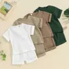 Rompers Newborn Baby Boys Summer Clothes Sets Solid Cotton Linen Pocket Short Sleeve T-shirts+Button Pocket Shorts Beach Casual Outfits d240425