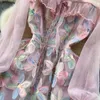 Robes décontractées femme mode colorée d'applications de fleurs de haute qualité une ligne midi longue fête douce mignon mignon patchwork élégant