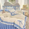 sets Blue Lace Ruffle Bowknot Duvet Cover Bed Skirt Linens Pillowcases Luxury Bedding Set For Girls Woman Decor Home