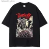 メンズTシャツメンズアニメの凶暴なTshirtブラック100％コットンTシャツガッツレトロTシャツY2Kショートスリーブシャツ夏Q240425