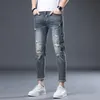 Jeans hip hop pour hommes bleu foncé extensible skinny longueur pantalon en jean déchiré homme d'été patchwork effiloché cowboys 240417