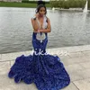 Sparkly Blue Mermaid Prom Dresses 2024 Plus Size Sequin Crystal Beaded Evening Dress Sweep Train Ceremony Formal Occasion Dress Aso Ebi Black Girls Birthday Dress