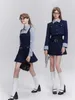 Werk jurken Franse stijl jurk set met pak kraag geavanceerd gevoel donkerblauw preppy chic tweedelig urbane vrouw kleding