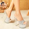 17 см Ультра-высокие каблуки Lady Sequin Crystal Sandals Ночные клубы толстая платформа для женской обувь модель T-Show Летние прозрачные тапочки