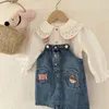 Ensembles de vêtements pour enfants Girls Spring Denim Suit mignon Cold Pet Pet Collier Longue Chemise blanche Soft Broidery Suspender Jean Robe Enfants