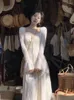 Casual Dresses Women Long Dress Elegant Slim Flare Sleeve Mermaid Lace Wedding Party Vintage 2024 för höst och vinter