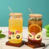 Caçadores de girassol de 16 onças no fundo da xícara de copo de vidro com tampa de bambu e suco de palha para bebidas quentes/frias Drinkware H240425