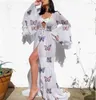 Sukienki swobodne Avv plażę przykrycie motyla nadruk dla kobiet głębokie v szyja rękaw koronkowy wakacje letnie Serica maxi sukienka