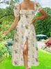基本的なカジュアルドレスドレスフローラルスリムフィットフロックスクエアネックラインレースアップスプリットショートスリーブドレス夏の不規則な衣服セクシーな女の子衣装2404