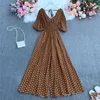 Women's Jumpsuits Rompers Summer polka dot holiday casual wide leg jumpsuit V-neck Puff Slave elastic waist jumpsuit loose beach stockings Y240425