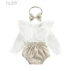 Rompers 2st Baby Girl Fall Outfit Plaid Patchwork Lace Doll Collar Long Sleeve Romper + Hairband Set för spädbarn 0-18 månader D240425