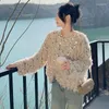 Kvinnors stickor koreanska chic paljetter franströja mujer 2024 Fall O Neck Plush Knit Pullover Y2K E Girl Long Sleeve Tops