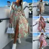 Sexig V Neck Slit Midi Dress Woman Spring Summer Fashion Elegant Long Sleeve Lace Up Flower Floral Print Dresses For Women 2023 240422