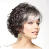 Peruklar saçları kadın sentetik saçlar kısa katmanlı kıvırcık kabarık patlamalar gümüş gri peruk makinesi yapılmış