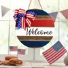 Party Decoration 2024 4th Of July Patriotic Welcome Hanging Doorplate Independence Day Direction Signs With Bow Circular Flower Wreath