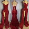 Red Sequins Dark Prom Dresses Halter High Split Corset Back Mermaid Custom Made Plus Size Celebrity Party Ball Gown Formal Evening Wear Vestidos