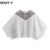 Xeasy Women Fashion 2 -RECET Zestaw Vintage Flowers Batwing Rękaw Haftowana koszula Kobieta wysoka talia mini spódnica słodka garnitury 240423